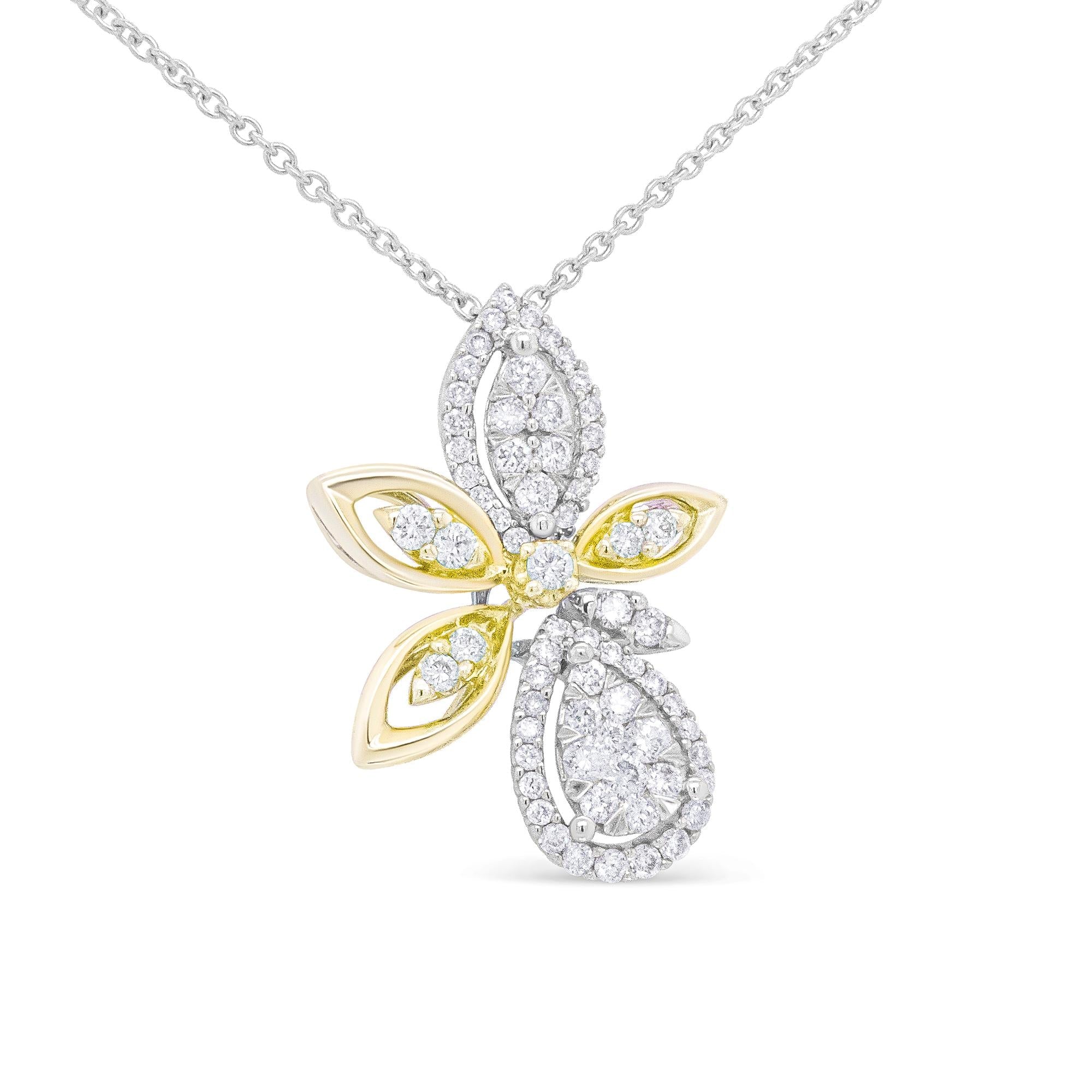 14K White and Yellow Gold 5/8 Cttw Round Diamond Marquise Floral Style