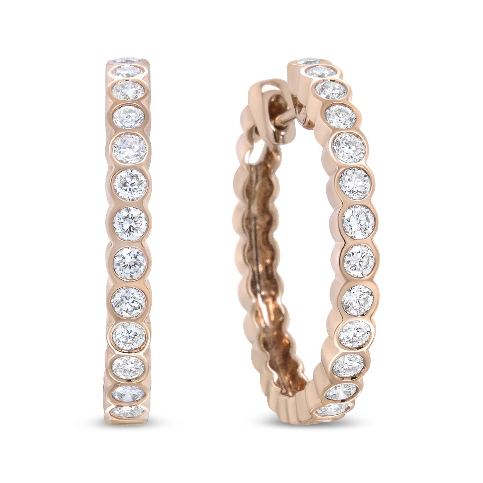 18K Rose Gold 1 Cttw Round Bezel-Set Diamond Hoop Earrings (F-G Color,