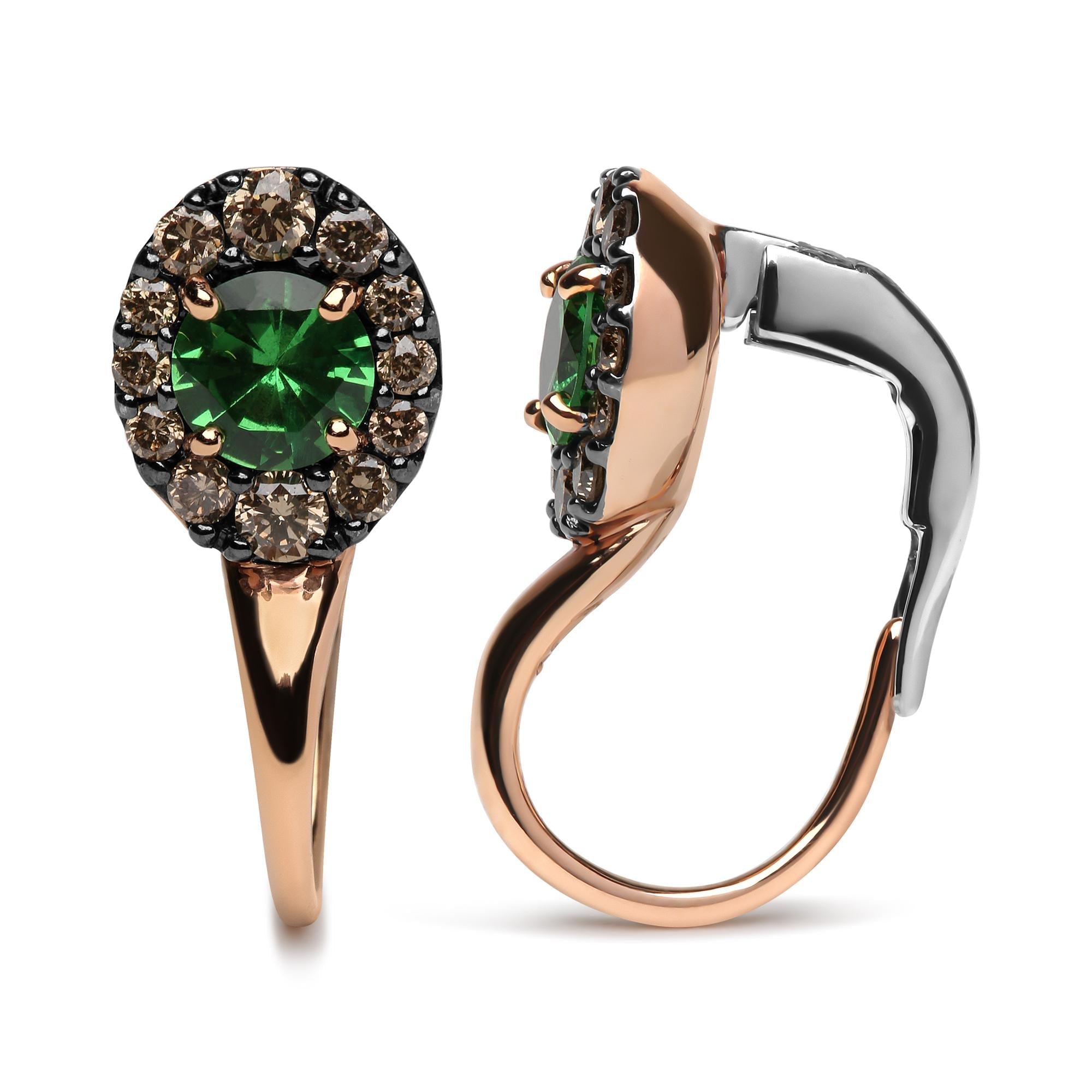18K Rose and White Gold 3/8 Cttw Round Brown Diamonds and Round Green