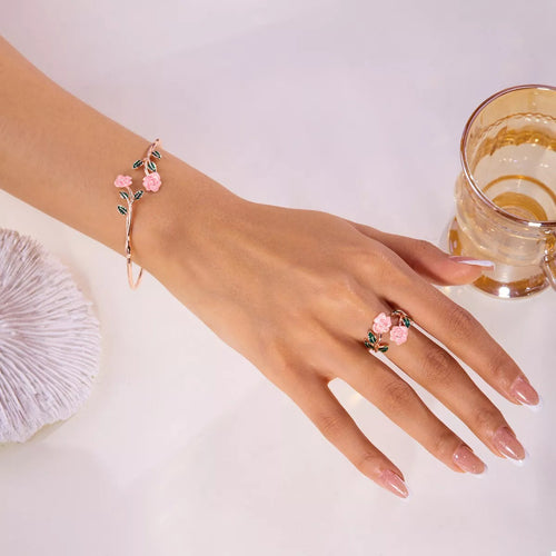 Rose Bypass Ring and Bracelet Jewelry Set