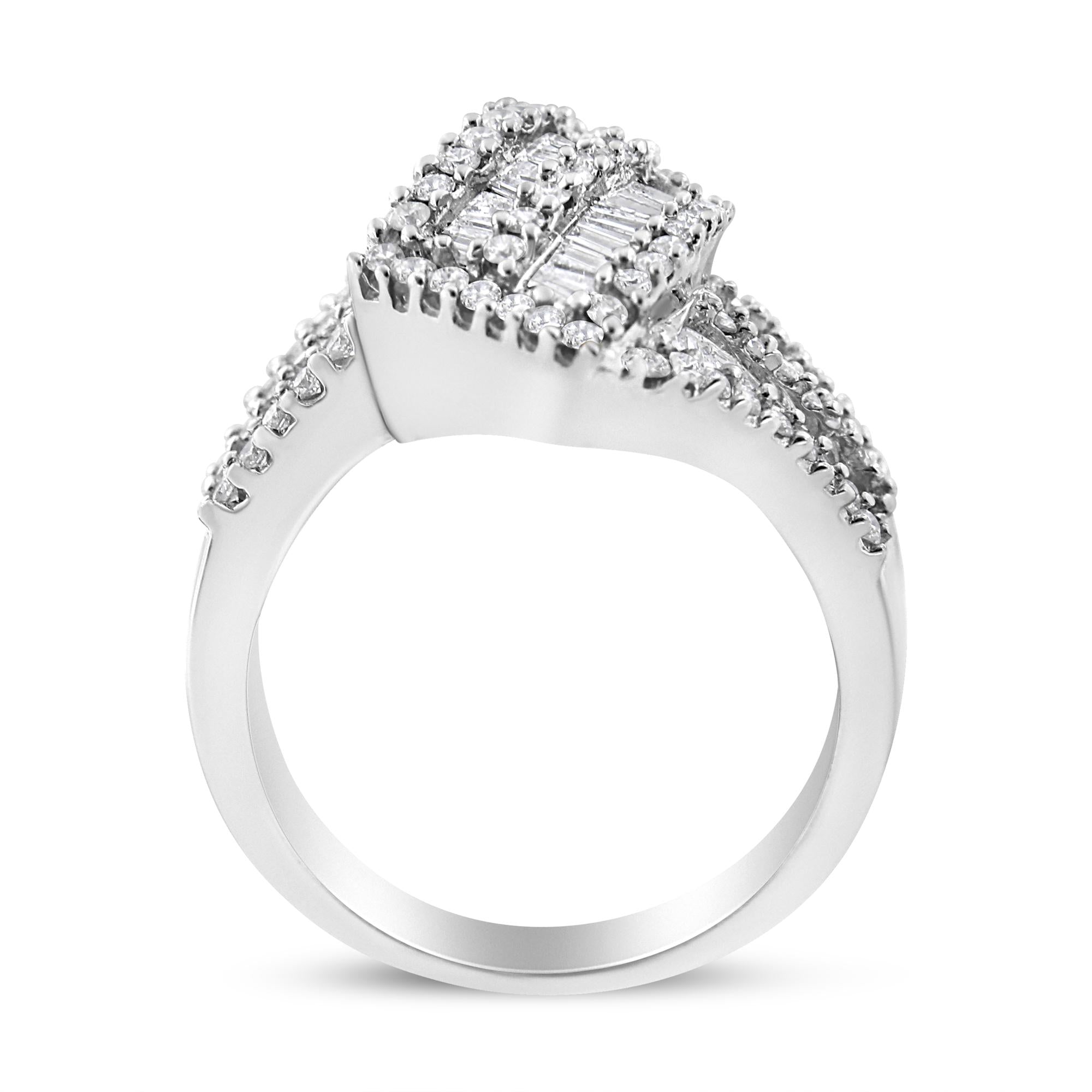 14K White Gold 1-1/2 Cttw Round and Baguette Diamond Bypass Cocktail