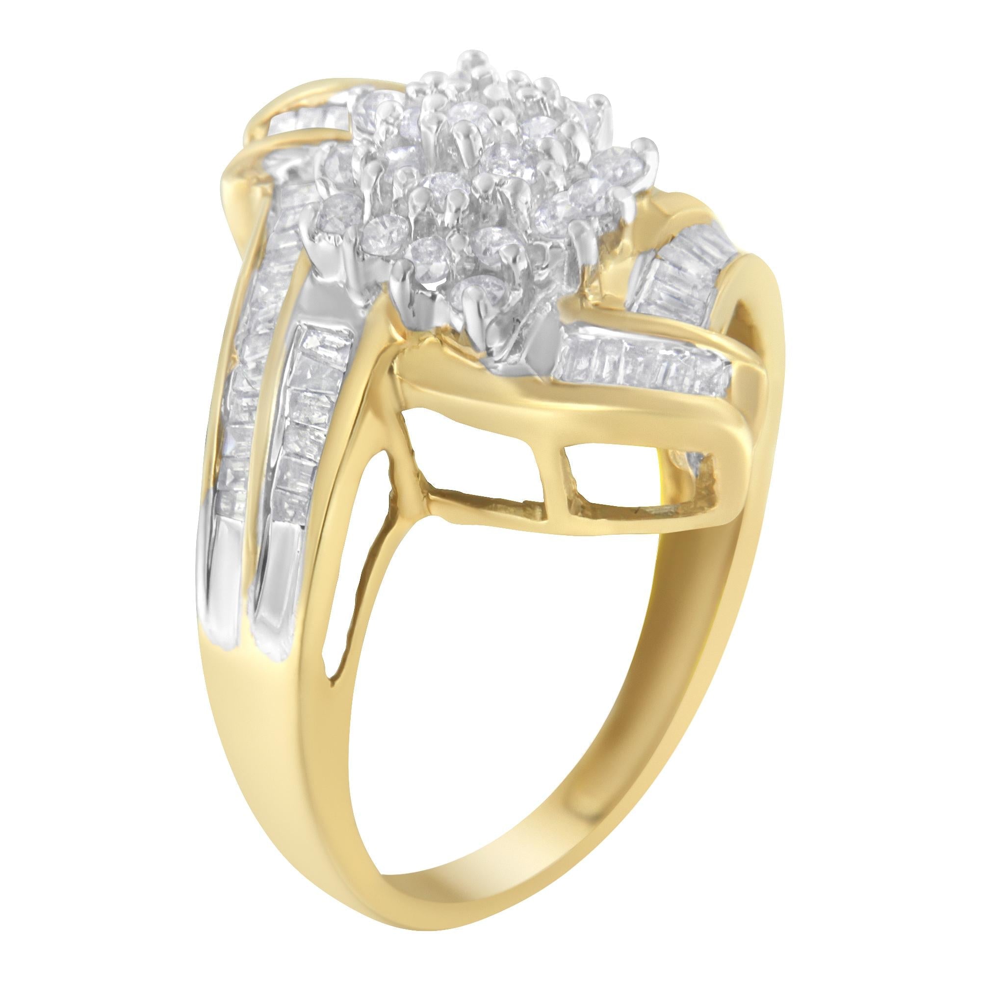 10K Yellow Gold Round and Baguette-Cut Diamond Bypass Cluster Ring