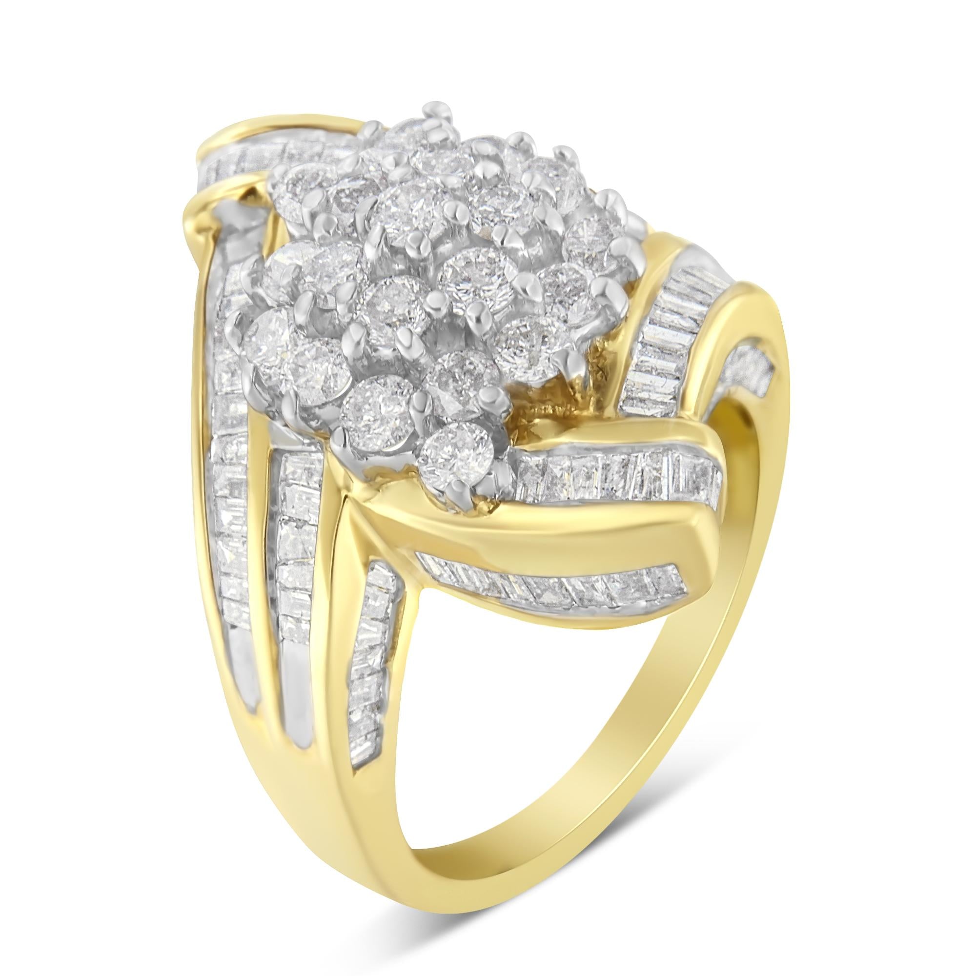 10K Yellow Gold Round and Baguette Diamond Crossover Cluster Ring (3