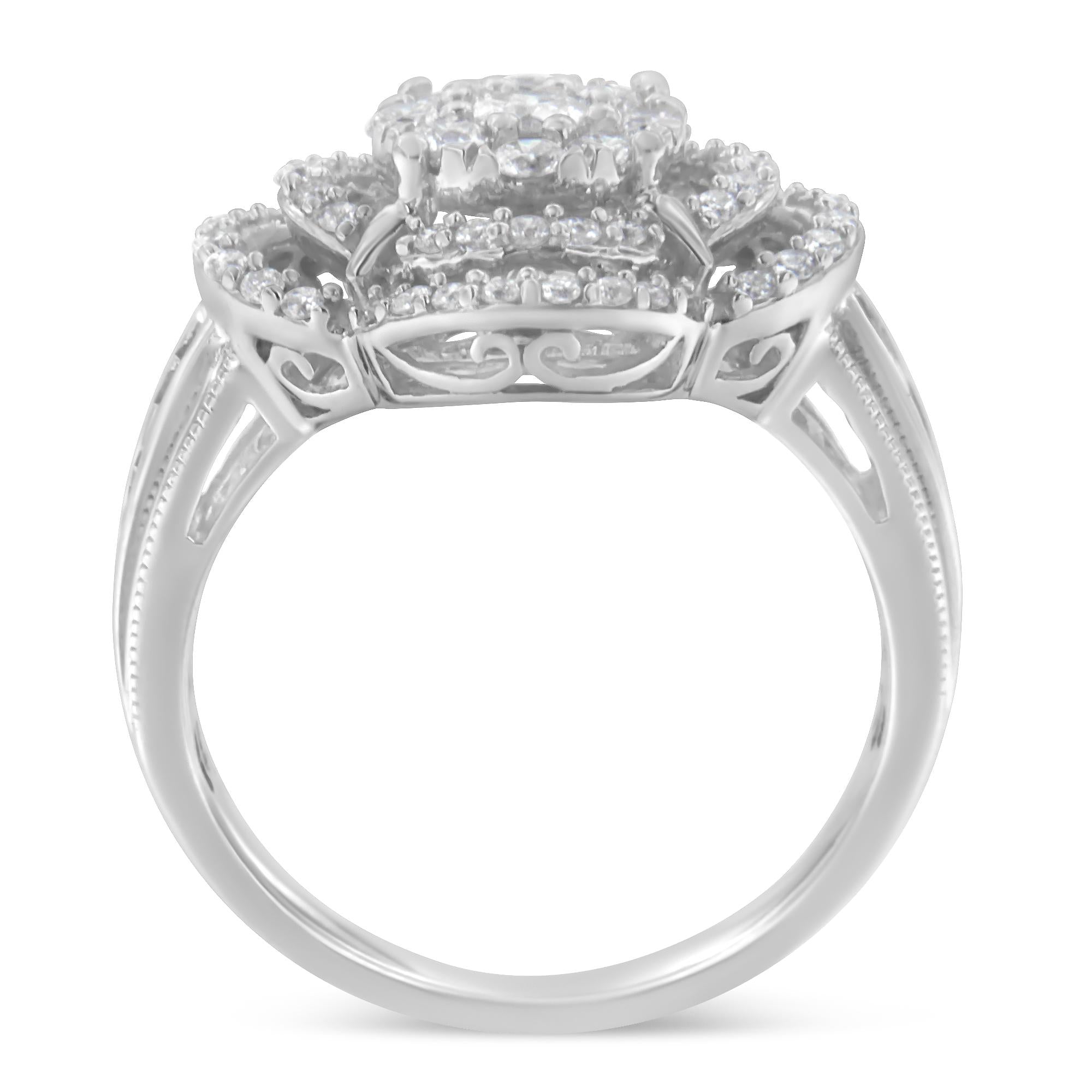 14K White Gold 1.0 Cttw Round & Baguette Cut Diamond Floral Cluster