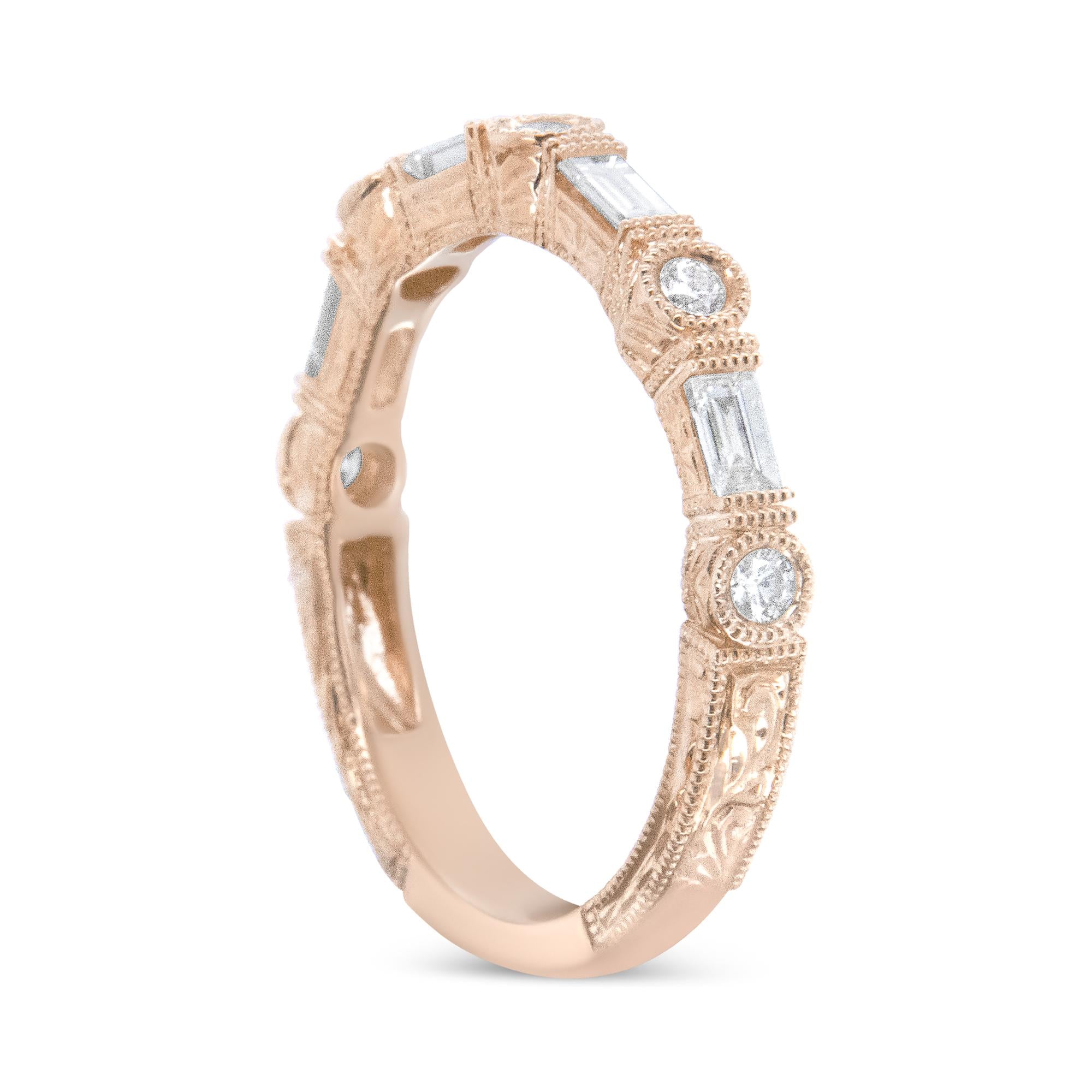 14K Rose Gold 3/8 Cttw Baguette and Round Diamond Bridal Band - (H-I