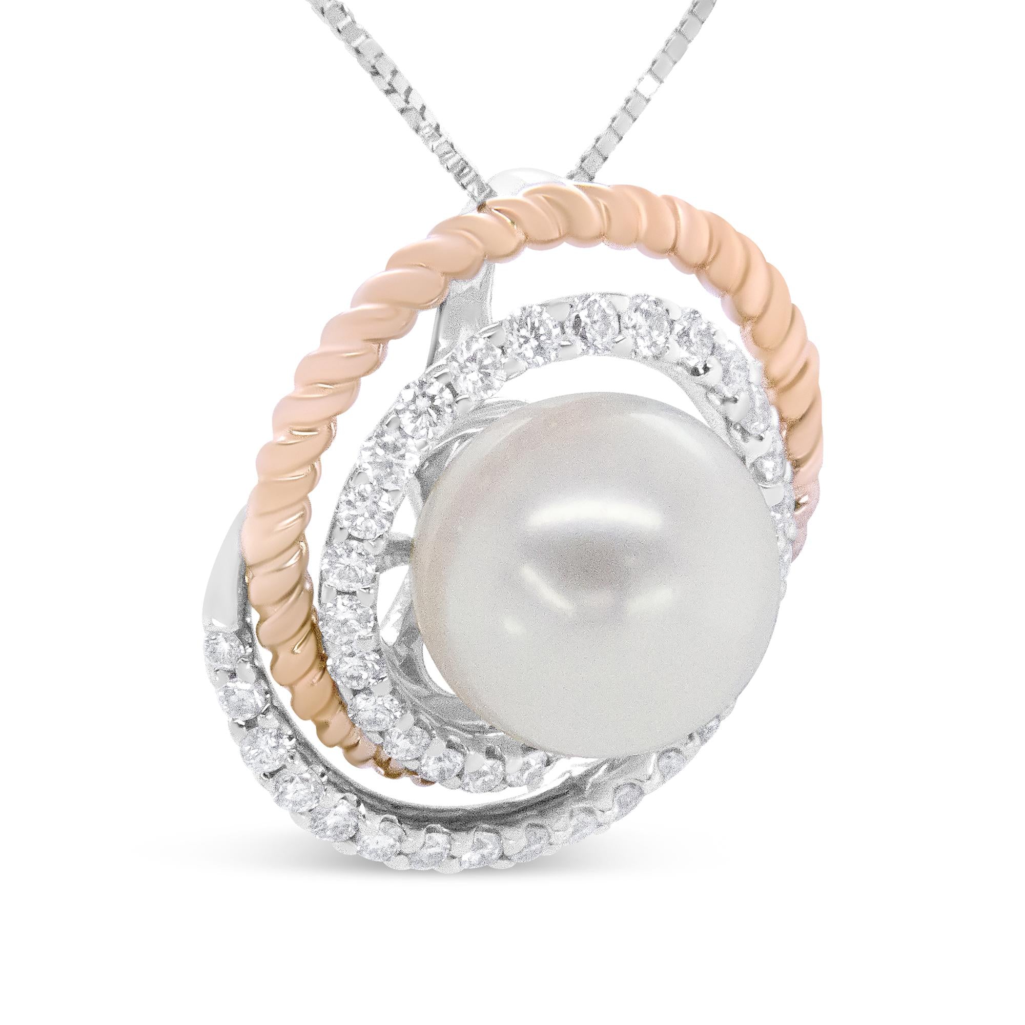 14K Rose and White Gold 3/8 Cttw Pave Diamond and 9mm Round Pearl