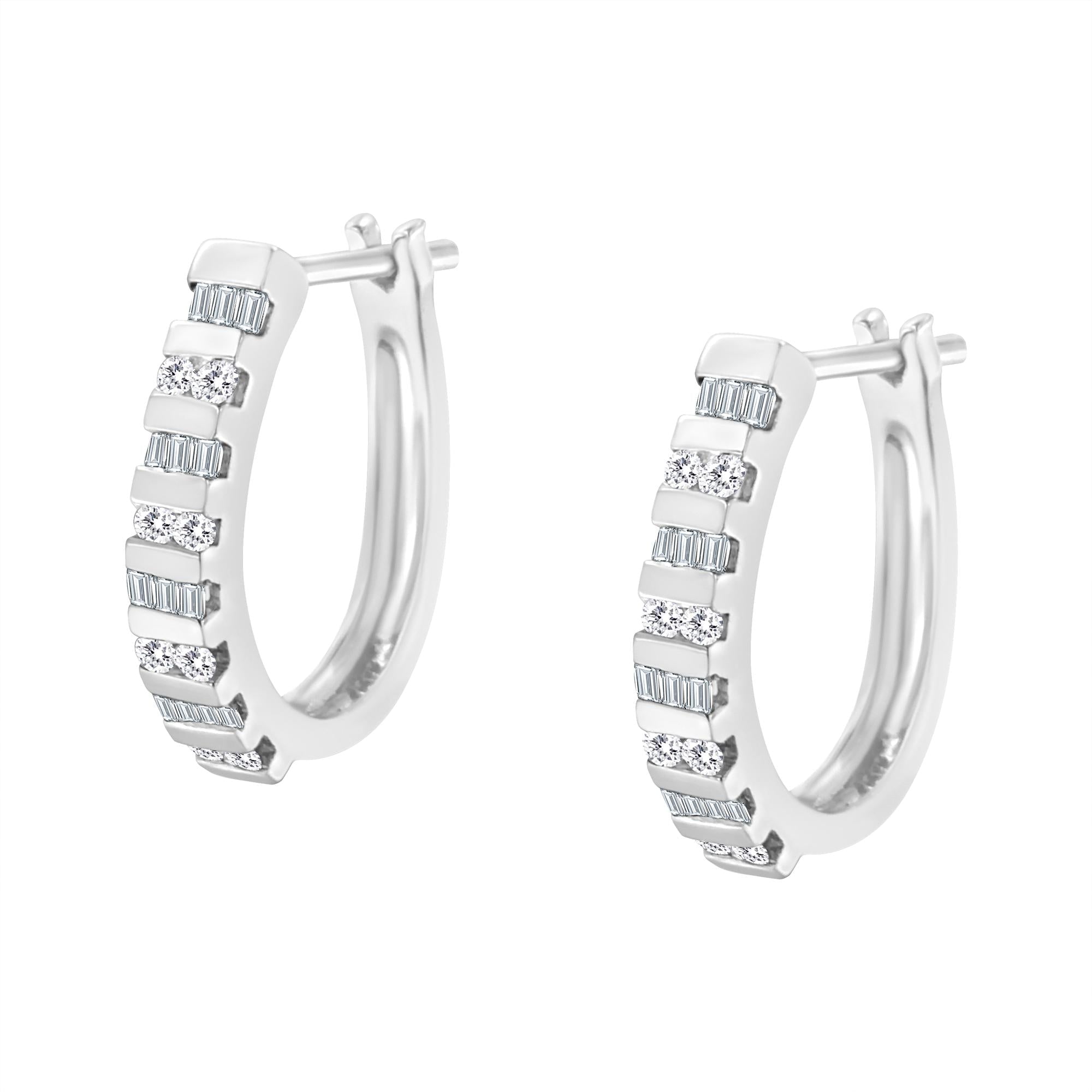 10K Gold Round and Baguette-Cut Diamond Hoop Earrings (I-J Color,