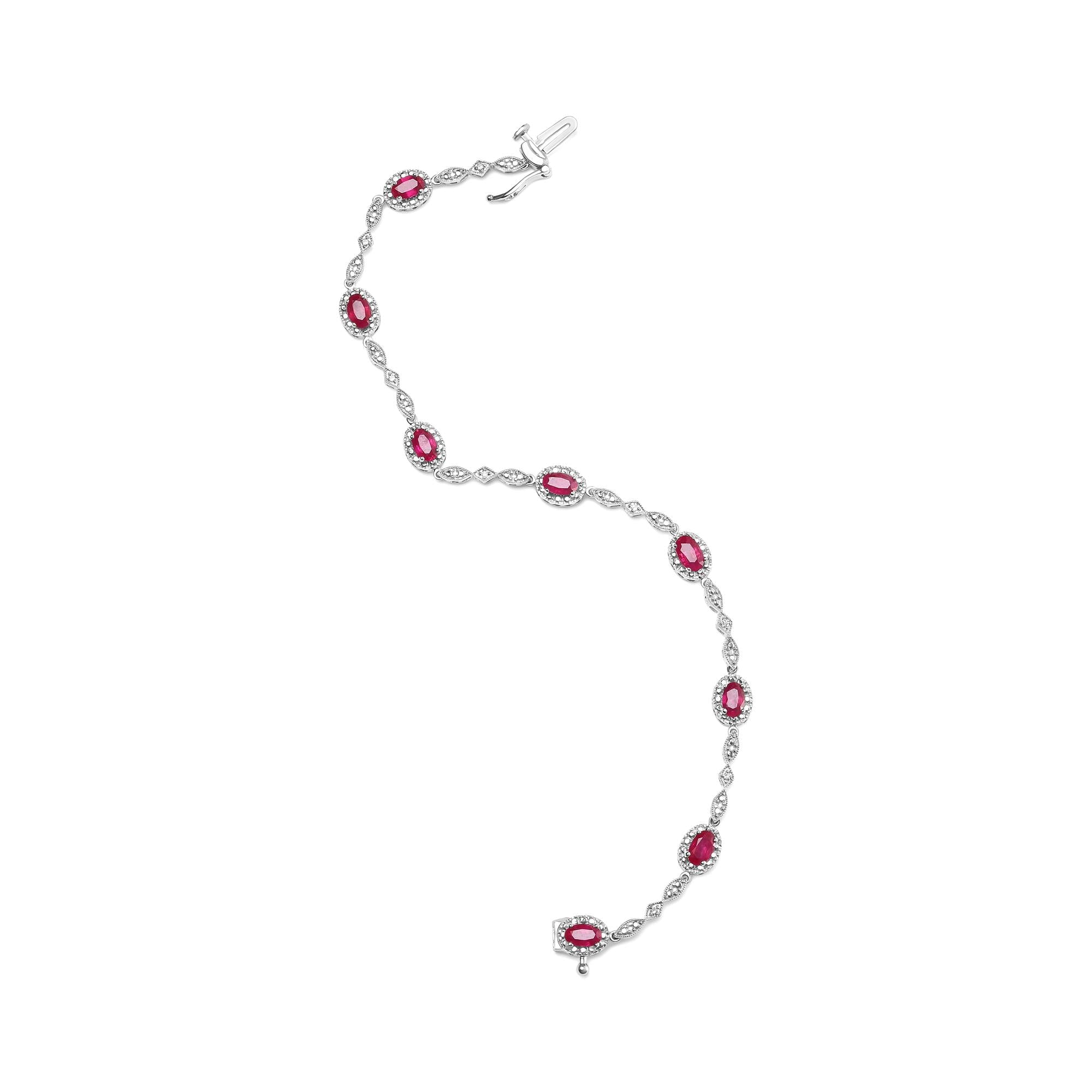 10K White Gold 4.5mm x 3mm Oval Ruby and Diamond Link Bracelet (H-I