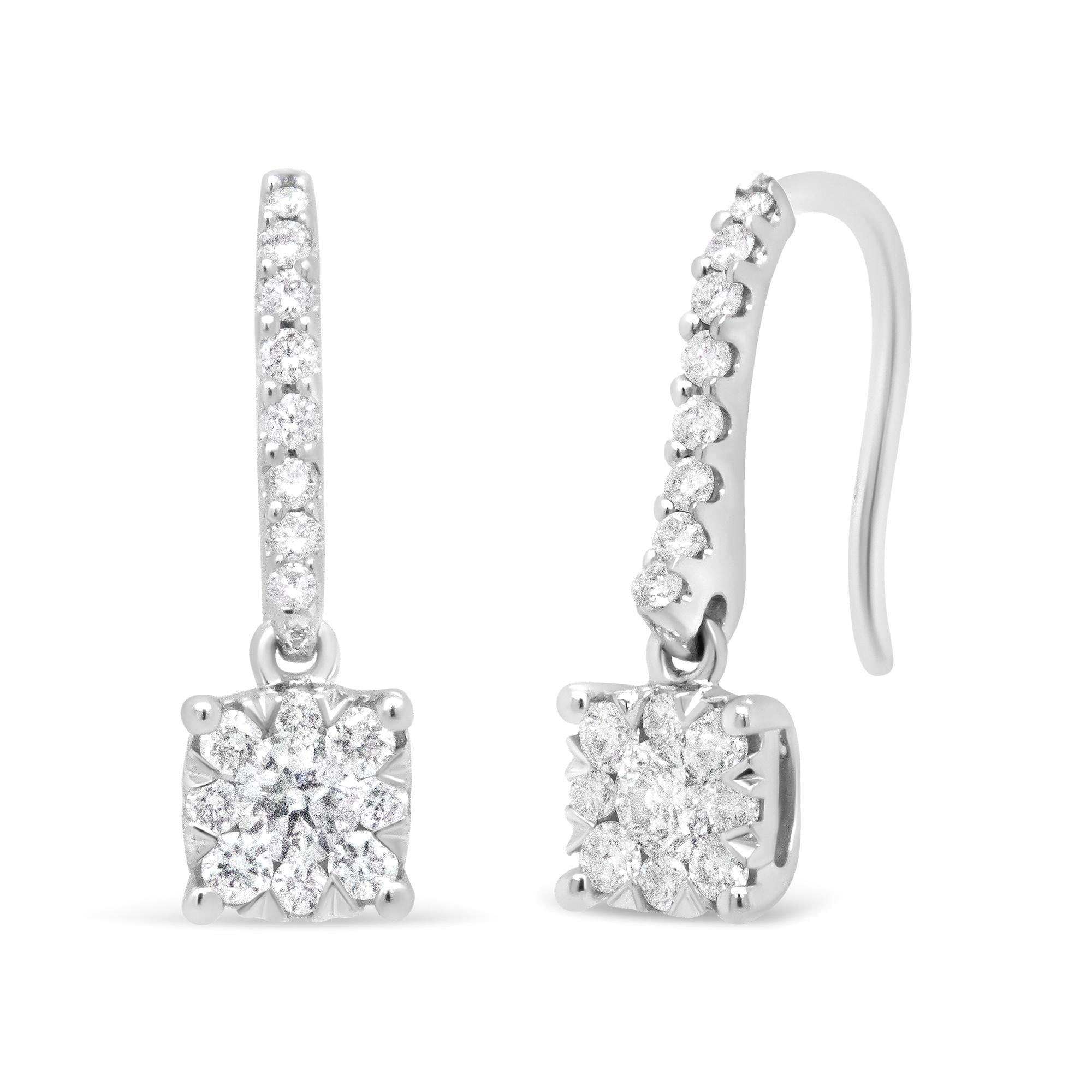 14K White 1/2 Cttw Round Diamond Halo Dangle Hook Earring - (H-I