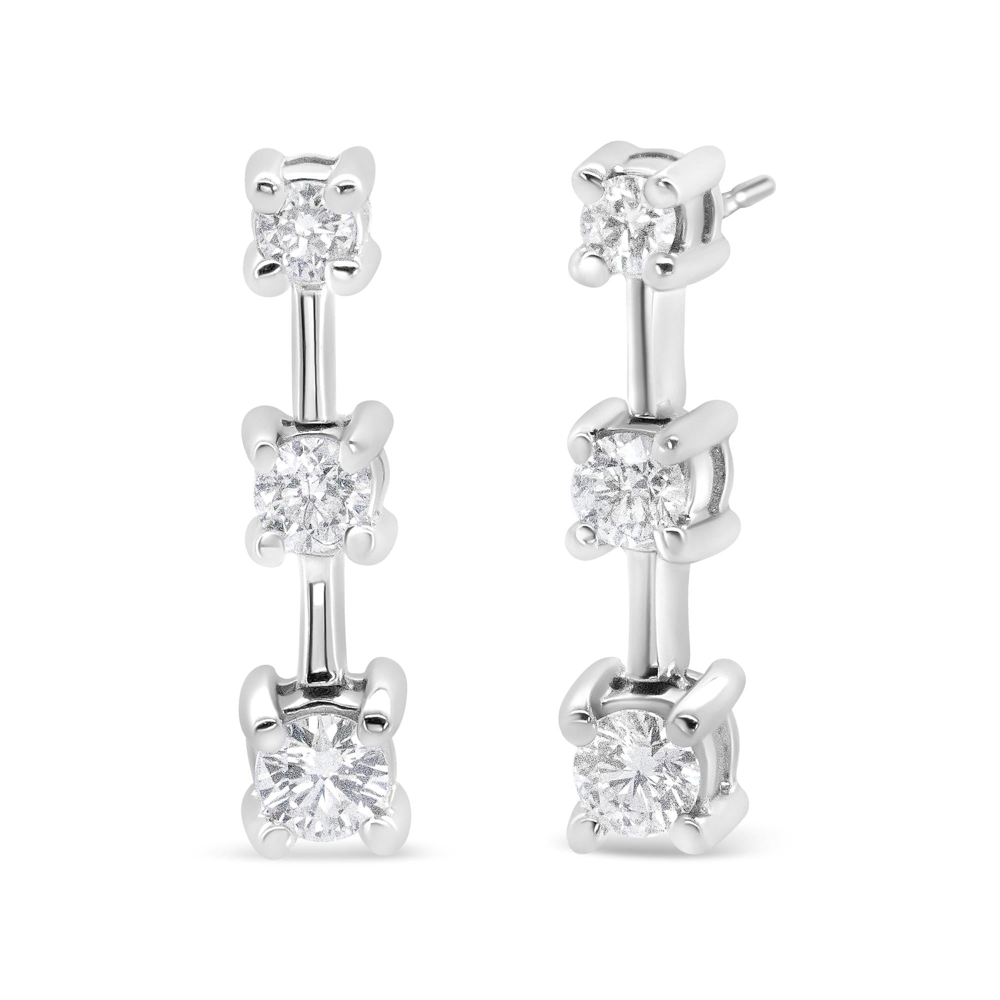 14K Gold Round Diamond 3 Stone Graduated Linear Drop Past, Present and