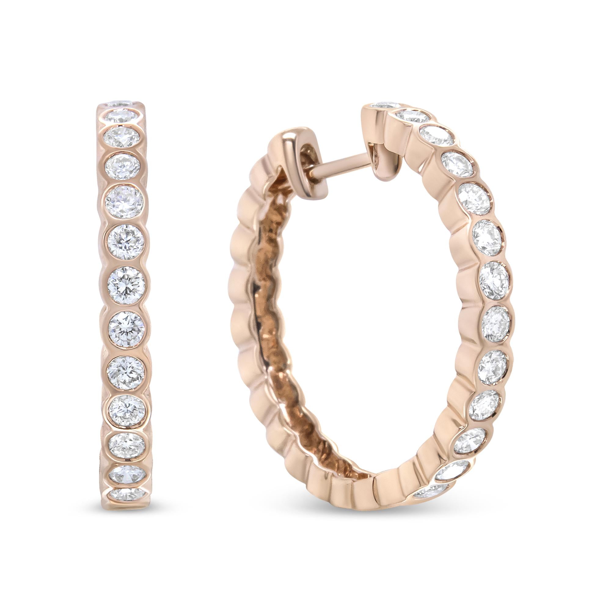18K Rose Gold 1 Cttw Round Bezel-Set Diamond Hoop Earrings (F-G Color,