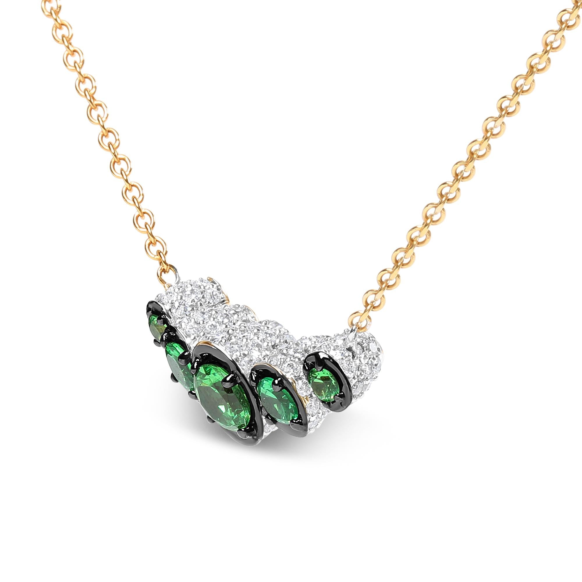 18K Rose Gold 3/4 Cttw Pave Diamonds and Graduated Green Tsavorite