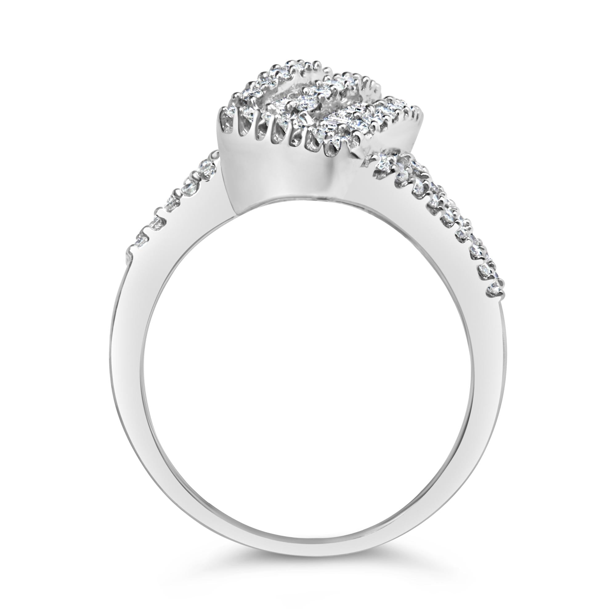 14K White Gold 1-1/2 Cttw Round and Baguette Diamond Bypass Cocktail
