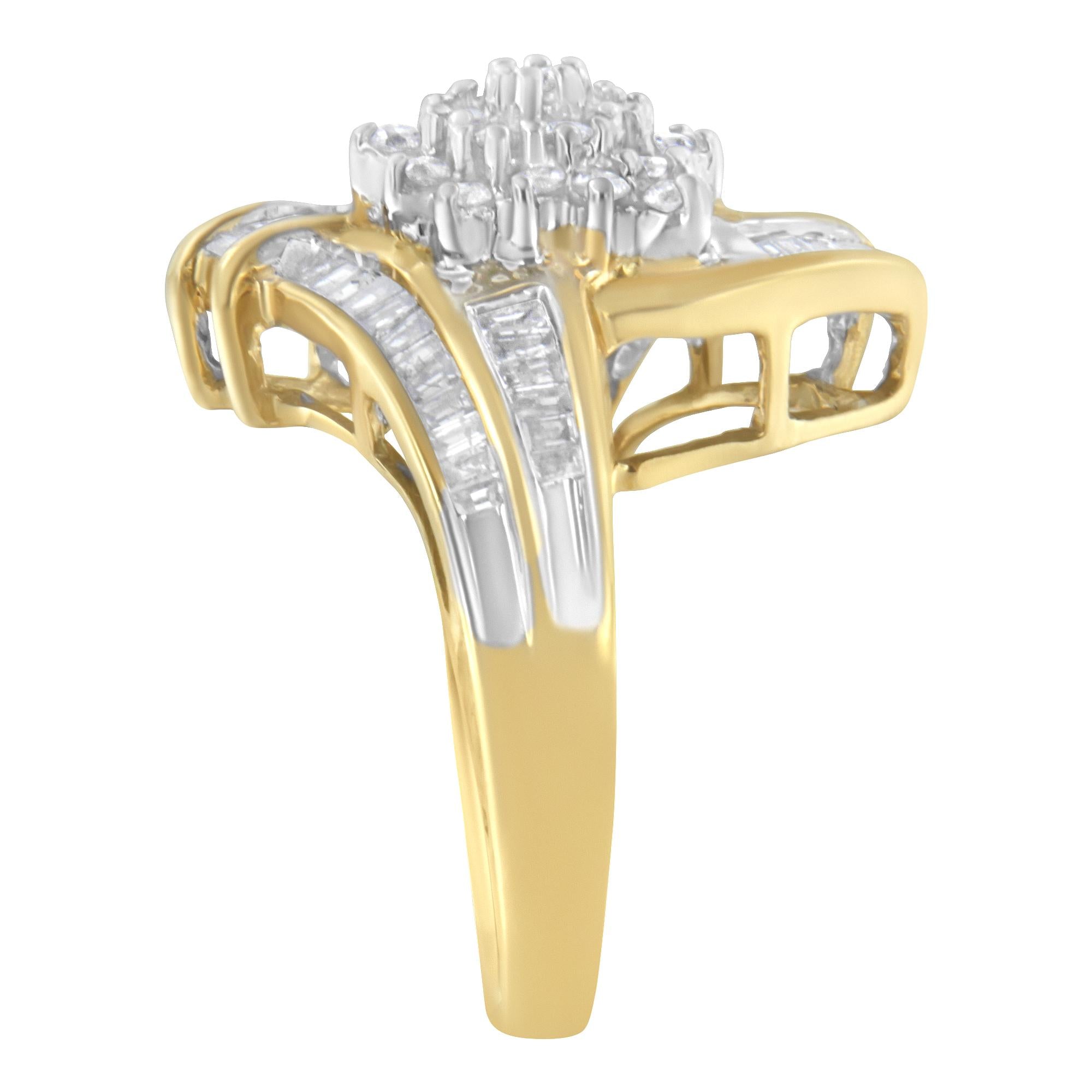 10K Yellow Gold Round and Baguette-Cut Diamond Bypass Cluster Ring