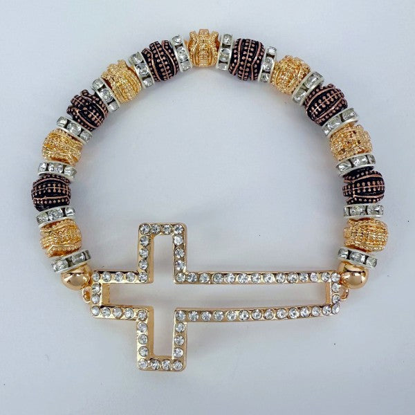 Gold Finish Stretchable Bracelet With Clear Rhines