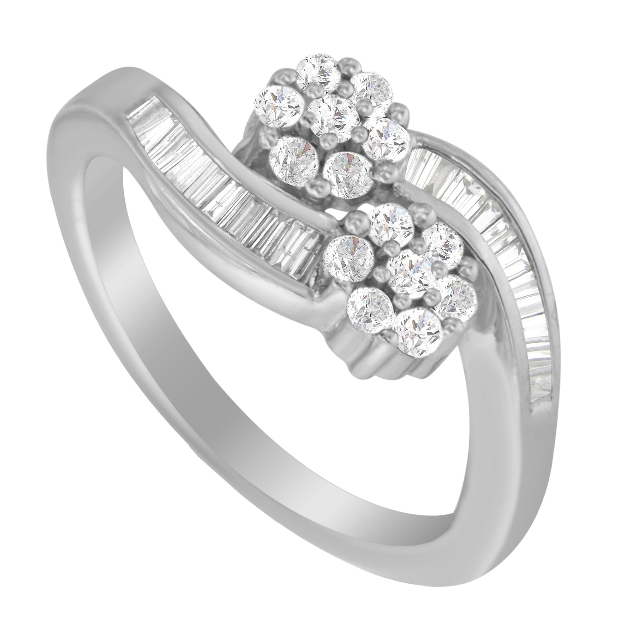 14K White Gold Round and Baguette Diamond Bypass Ring (1/2 cttw, H-I