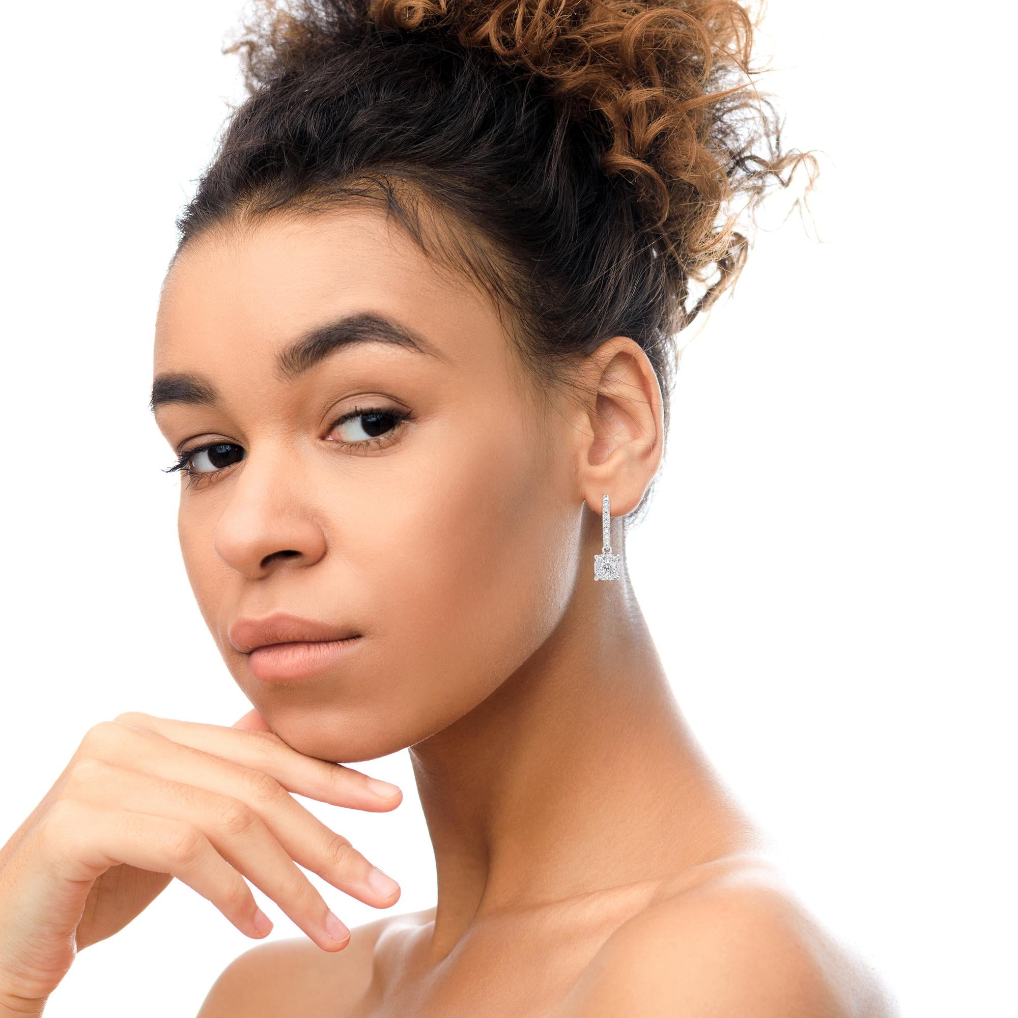 14K White 1/2 Cttw Round Diamond Halo Dangle Hook Earring - (H-I