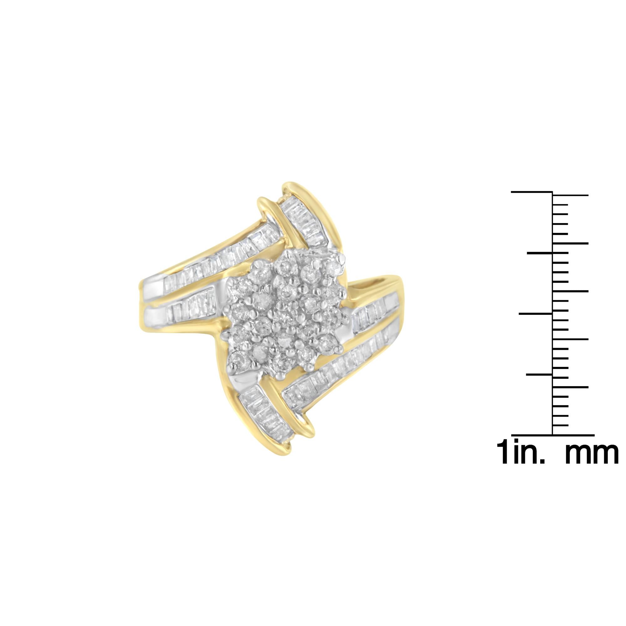 10K Yellow Gold Round and Baguette-Cut Diamond Bypass Cluster Ring