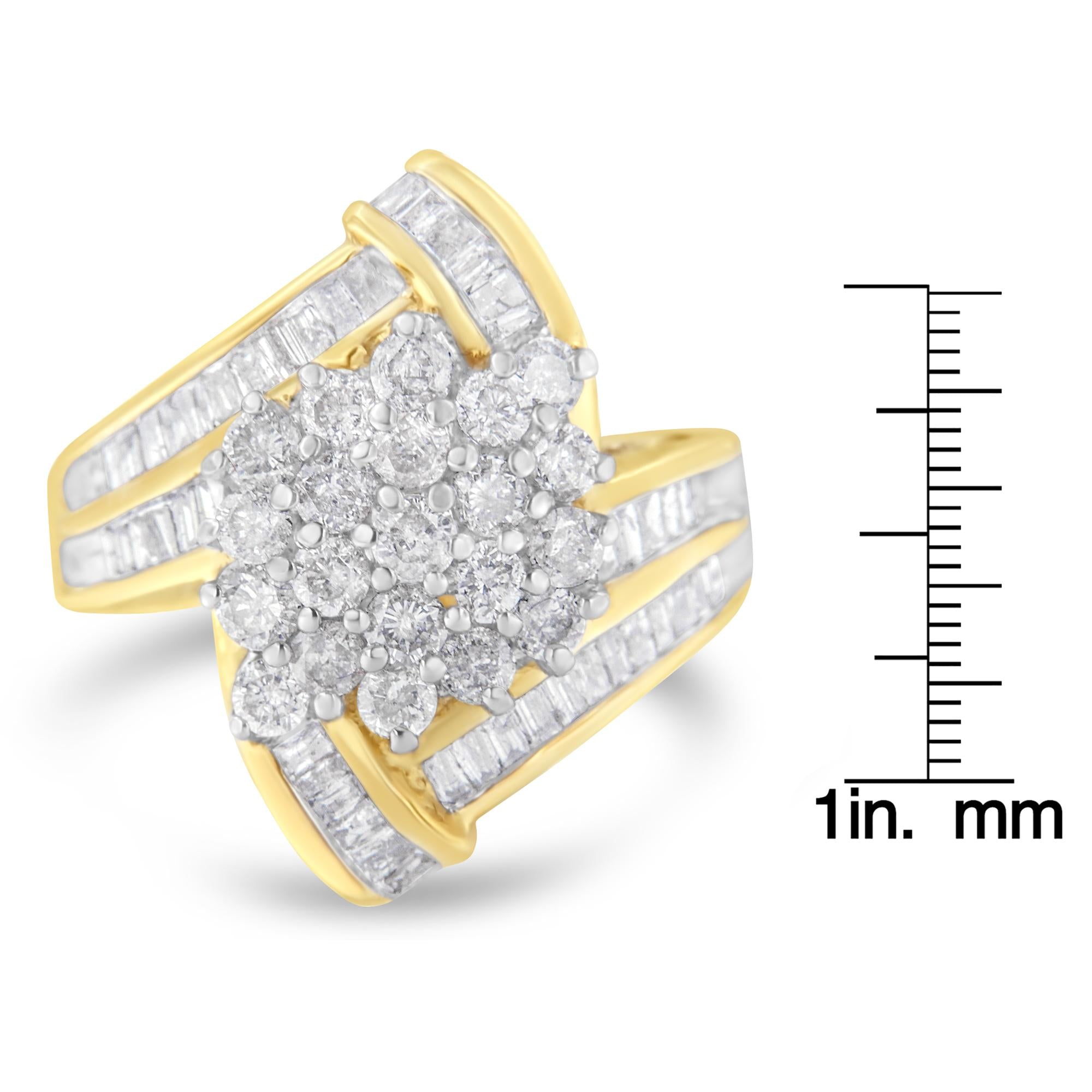 10K Yellow Gold Round and Baguette Diamond Crossover Cluster Ring (3
