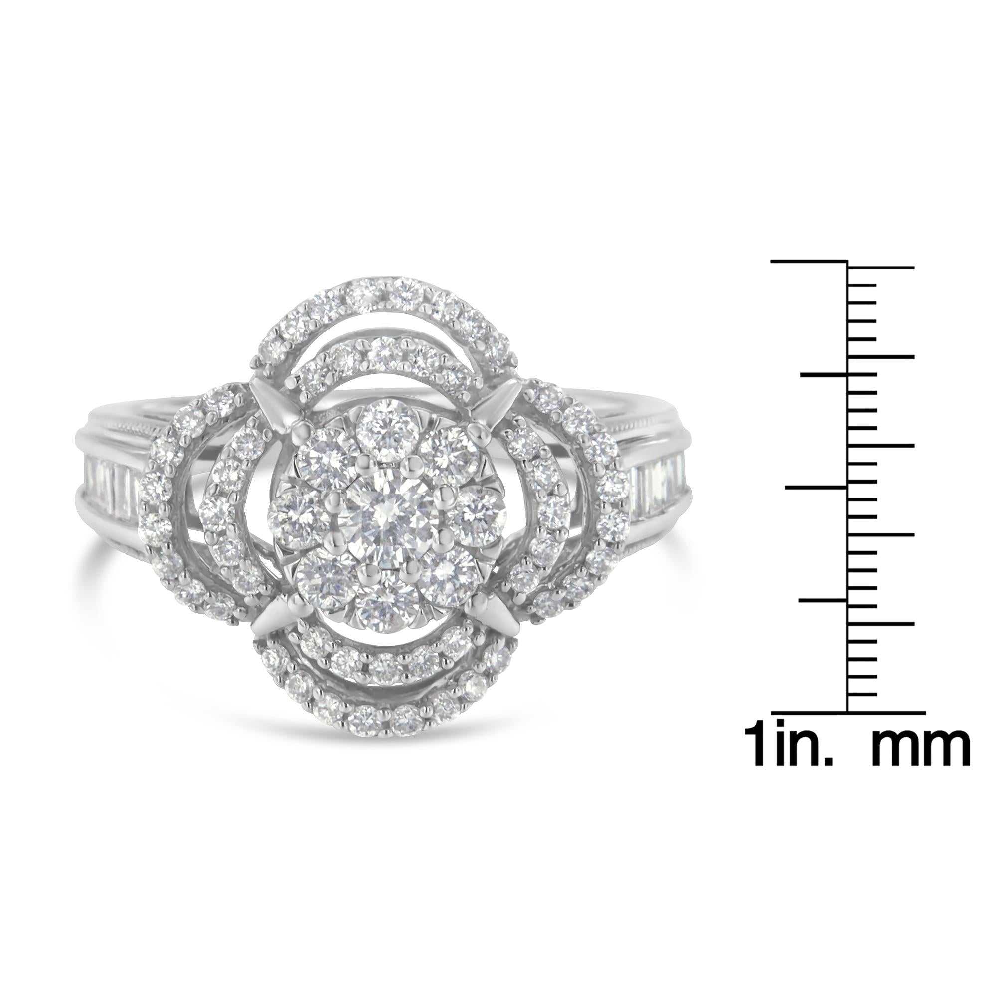 14K White Gold 1.0 Cttw Round & Baguette Cut Diamond Floral Cluster