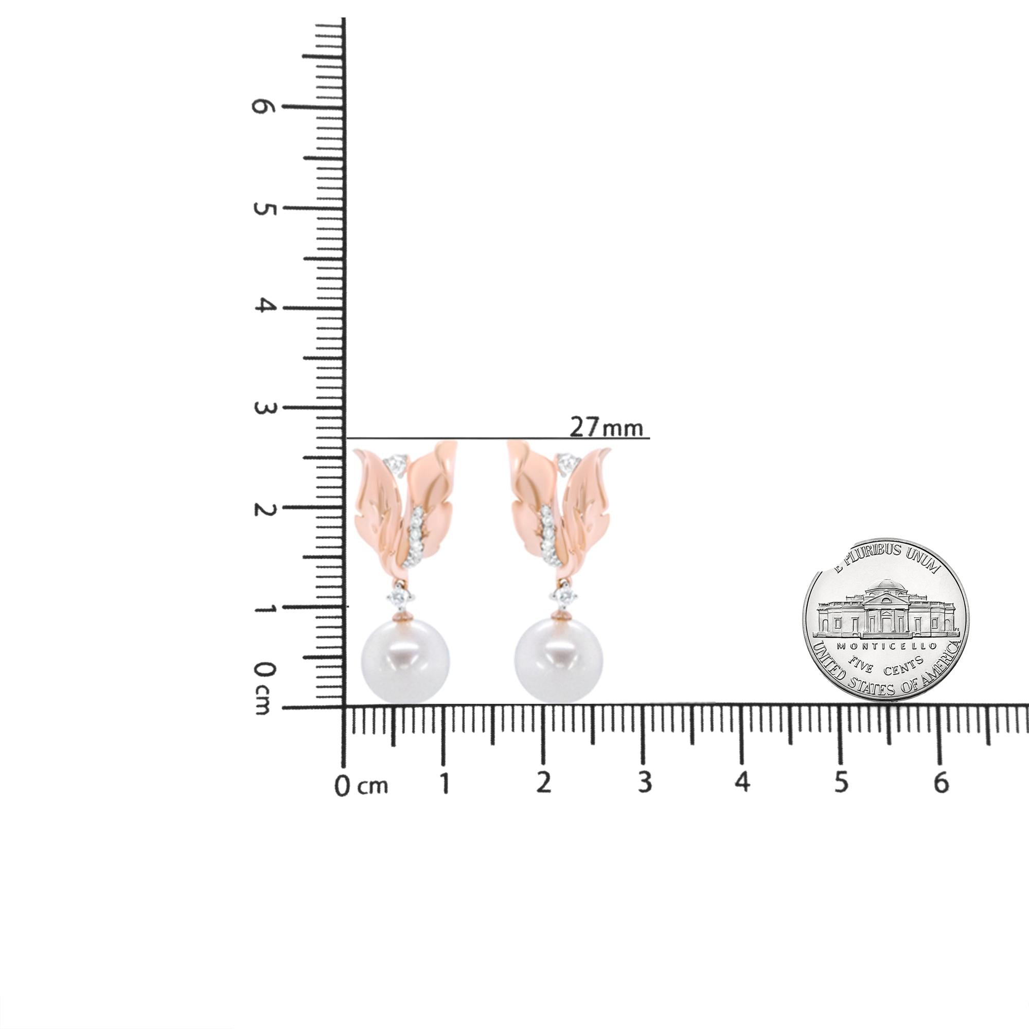 14K Rose Gold 1/6 Cttw Round Diamond and 8mm Round Pearl Floral Drop