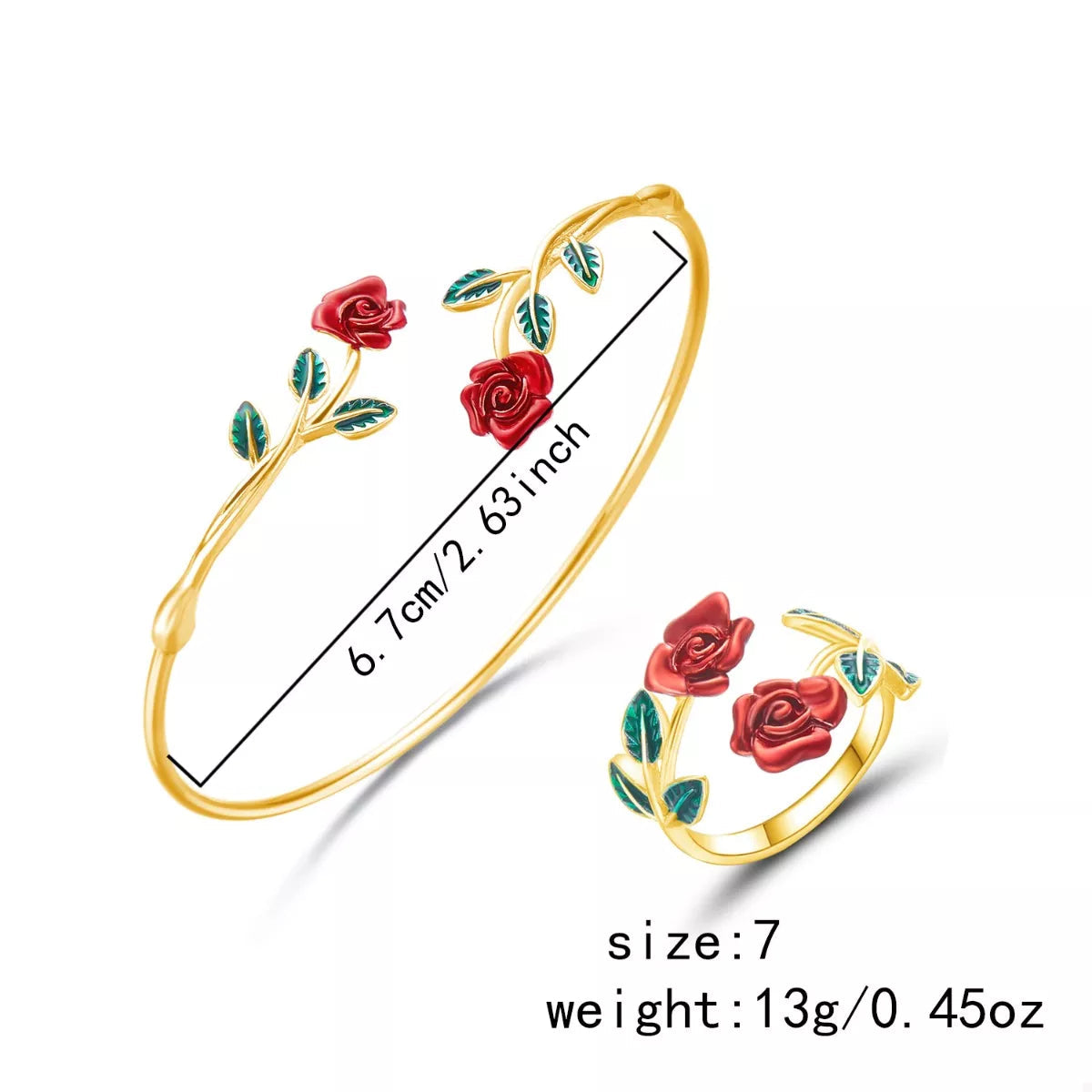 Rose Bypass Ring and Bracelet Jewelry Set