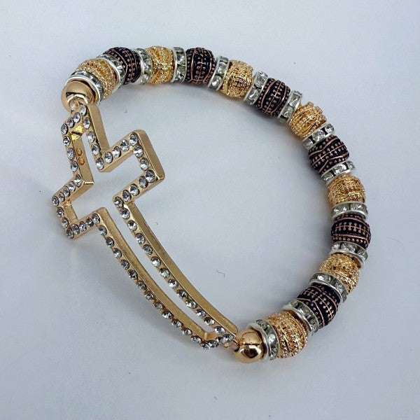 Gold Finish Stretchable Bracelet With Clear Rhines