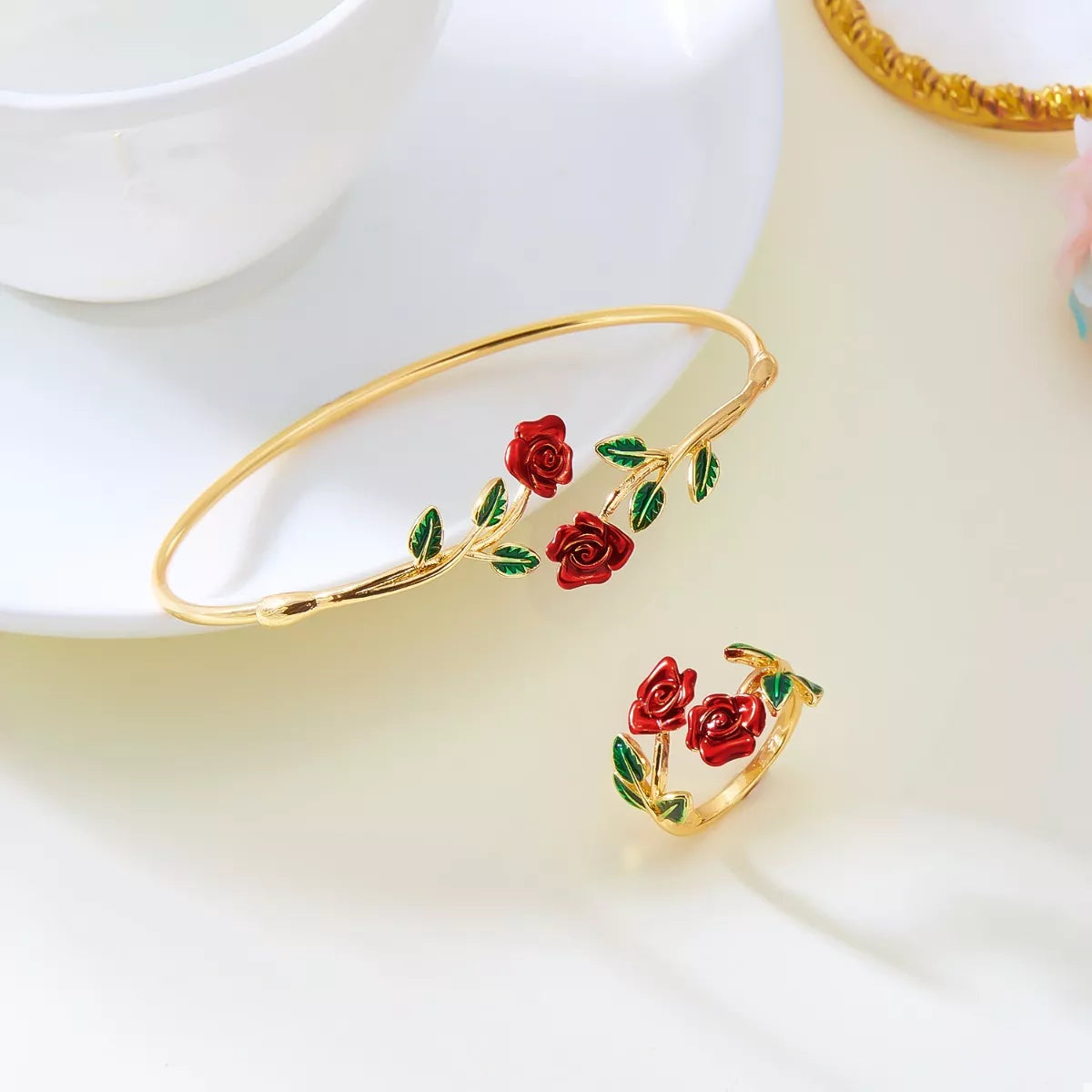 Rose Bypass Ring and Bracelet Jewelry Set