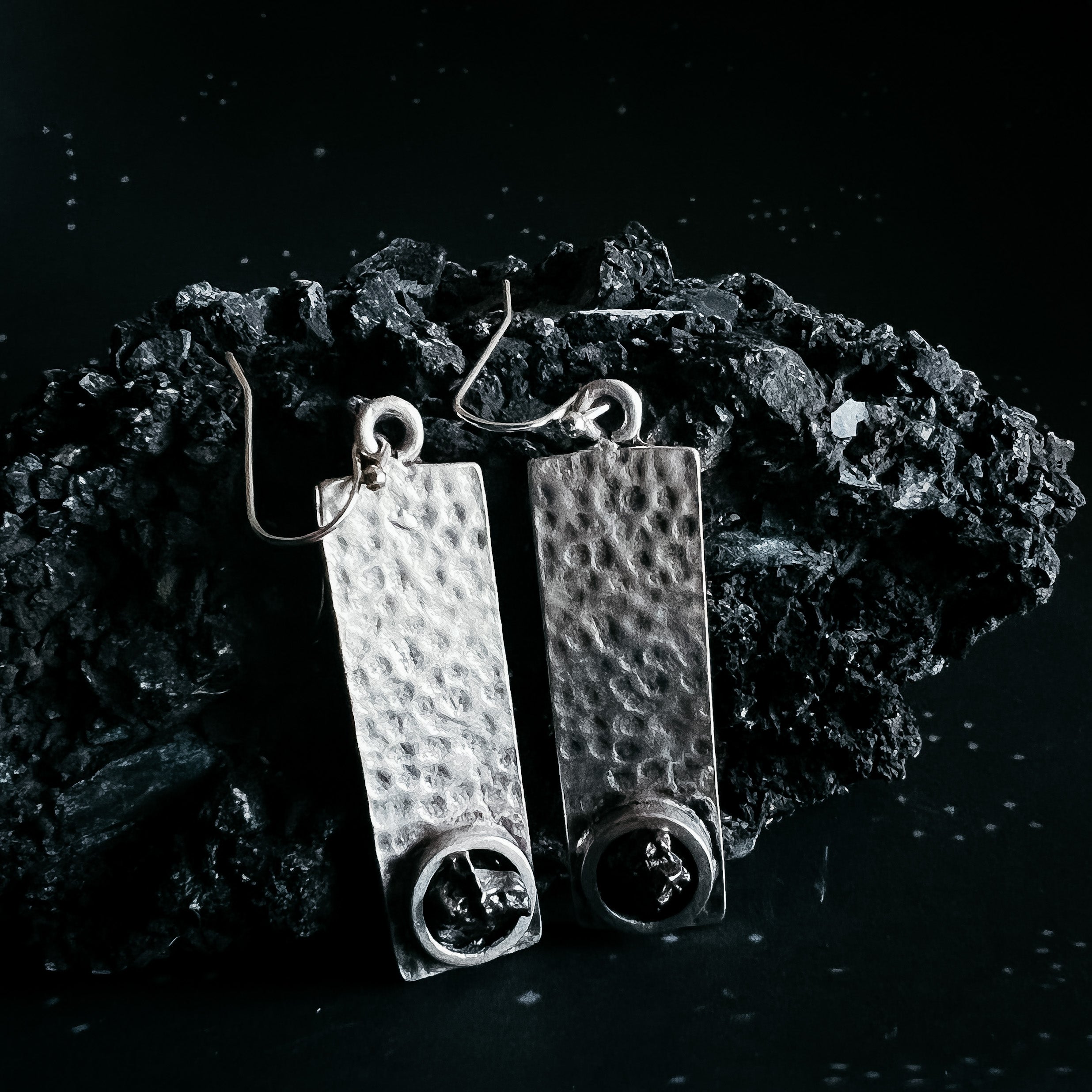 CLEARANCE Hammered Silver Rectangle Earrings with Raw Meteorite