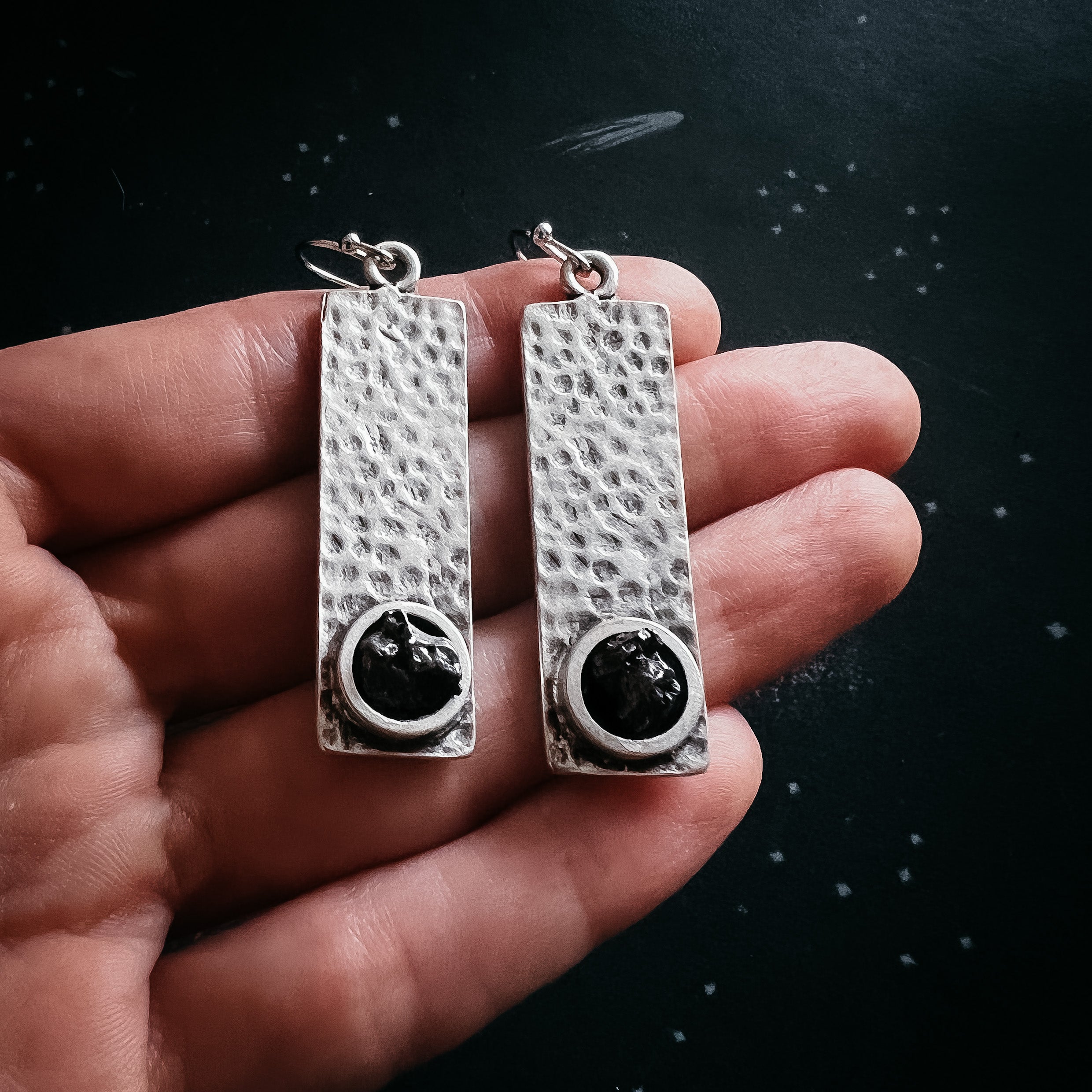 CLEARANCE Hammered Silver Rectangle Earrings with Raw Meteorite