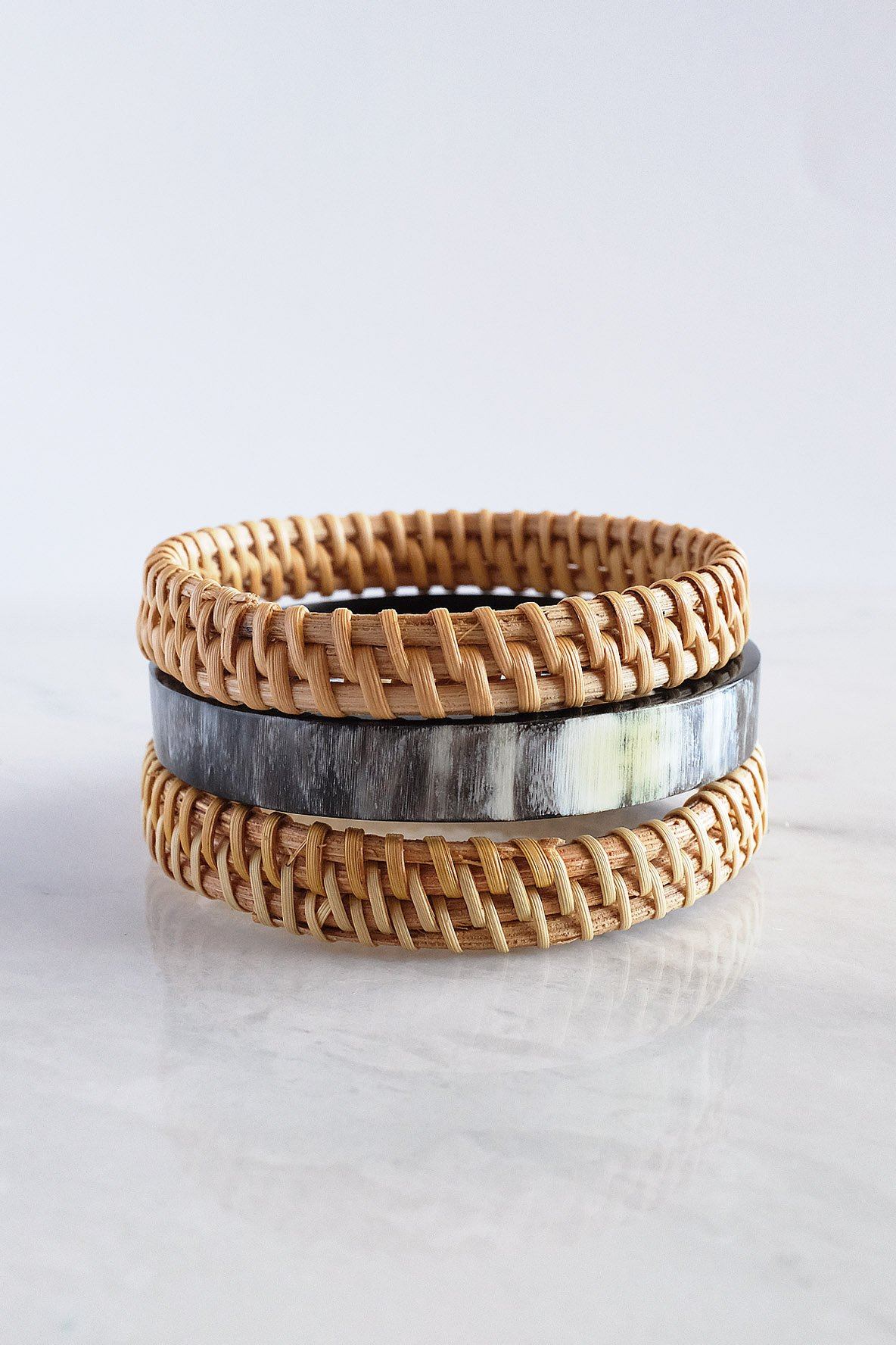 Thuy Binh Buffalo Horn & Handwoven Rattan Bangle Bracelets (3pcs)