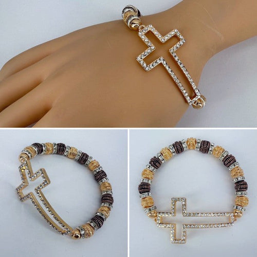 Gold Finish Stretchable Bracelet With Clear Rhines