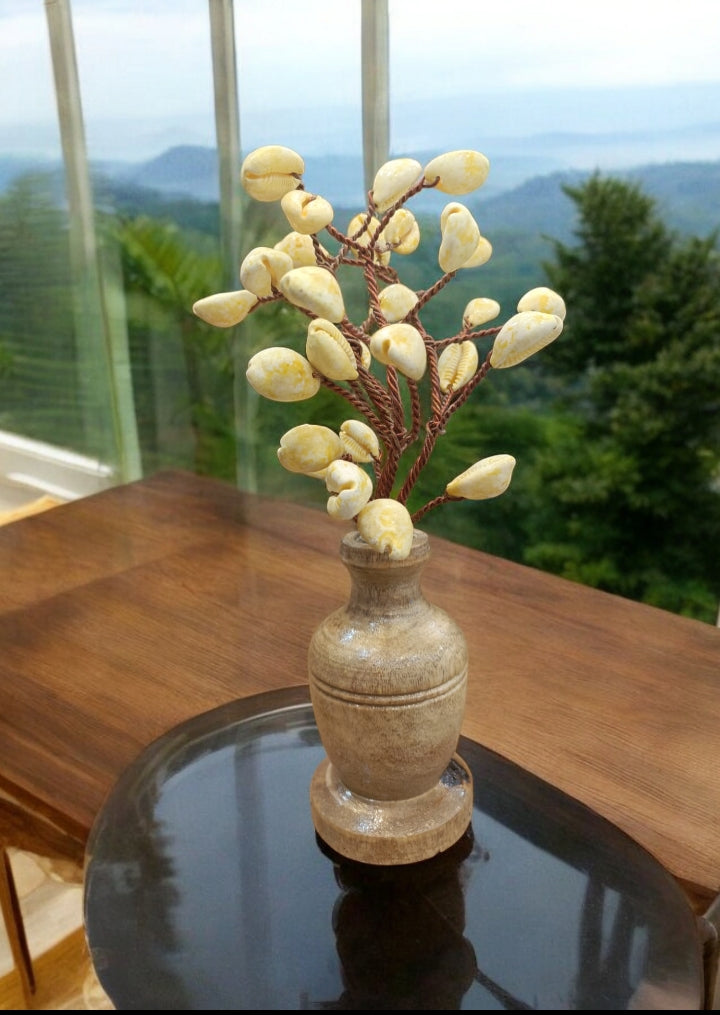 PRG Modern Yellow Shells Tree with Wooden Base for Home Decor