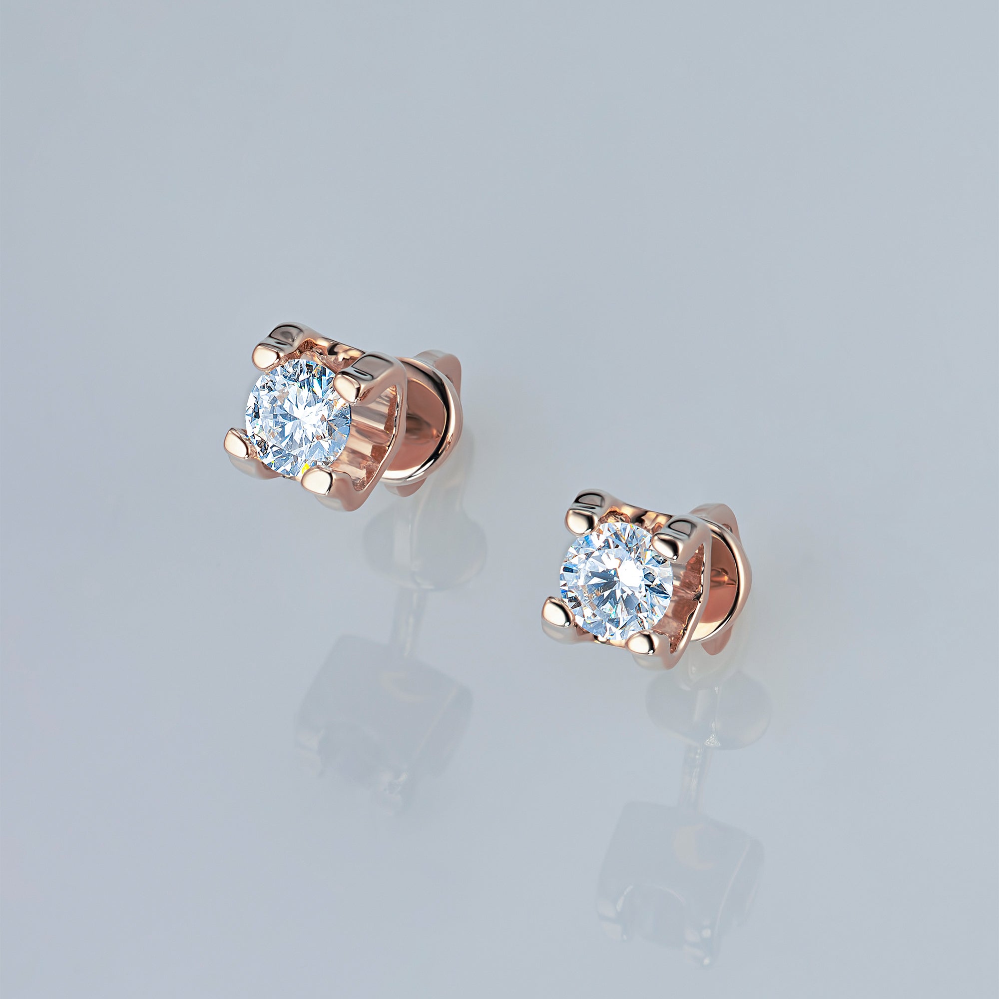 14K Rose Gold Earring Studs with 2 Round-Cut Lab-Created Diamonds 2.14