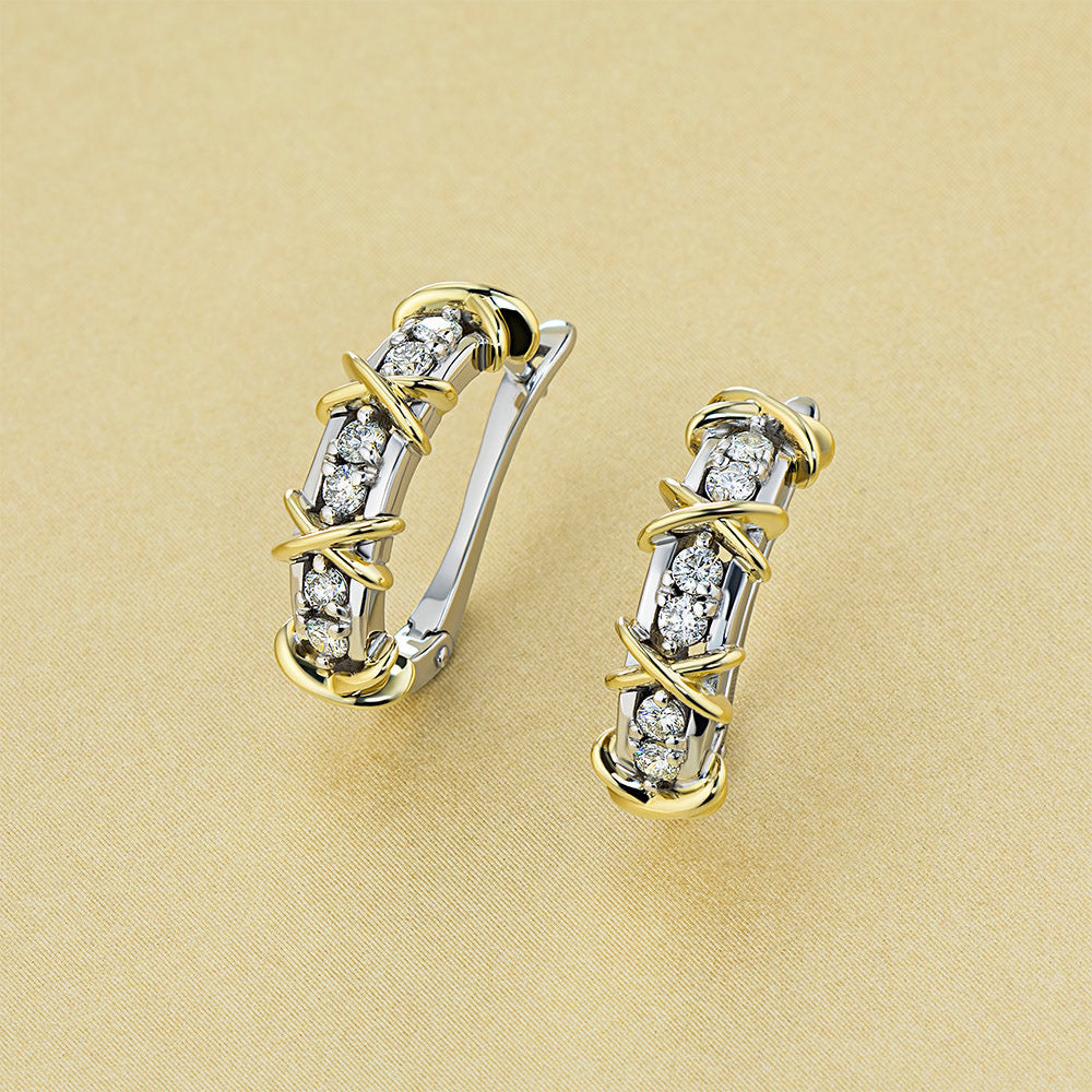 14K White and Yellow Gold Earrings with 12 Round-Cut Lab-Created