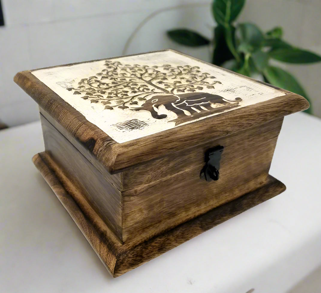 Trunk and Tranquility: Elephant and Tree Inlay Wooden Keepsake Box (7" x 7")