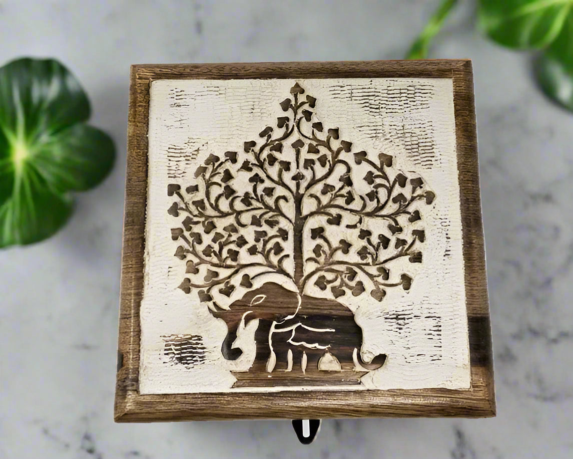 Trunk and Tranquility: Elephant and Tree Inlay Wooden Keepsake Box (7