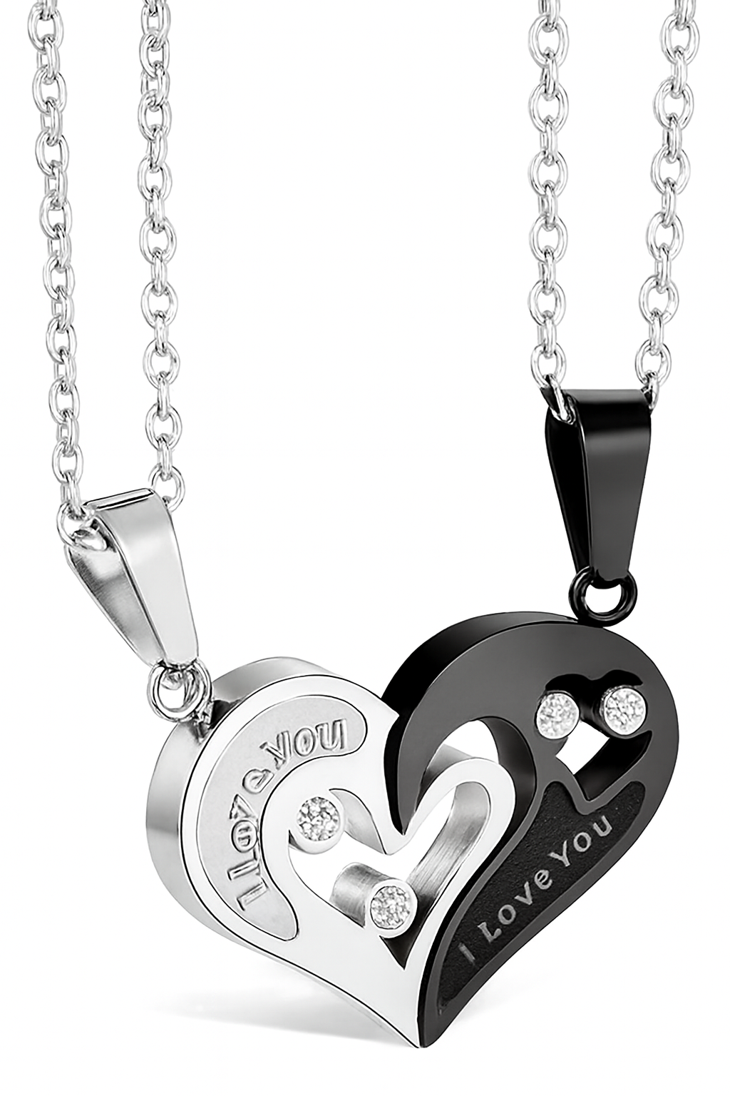 Couple Heart Pendant Necklace Set – Silver & Black “I Love You” Puzzle