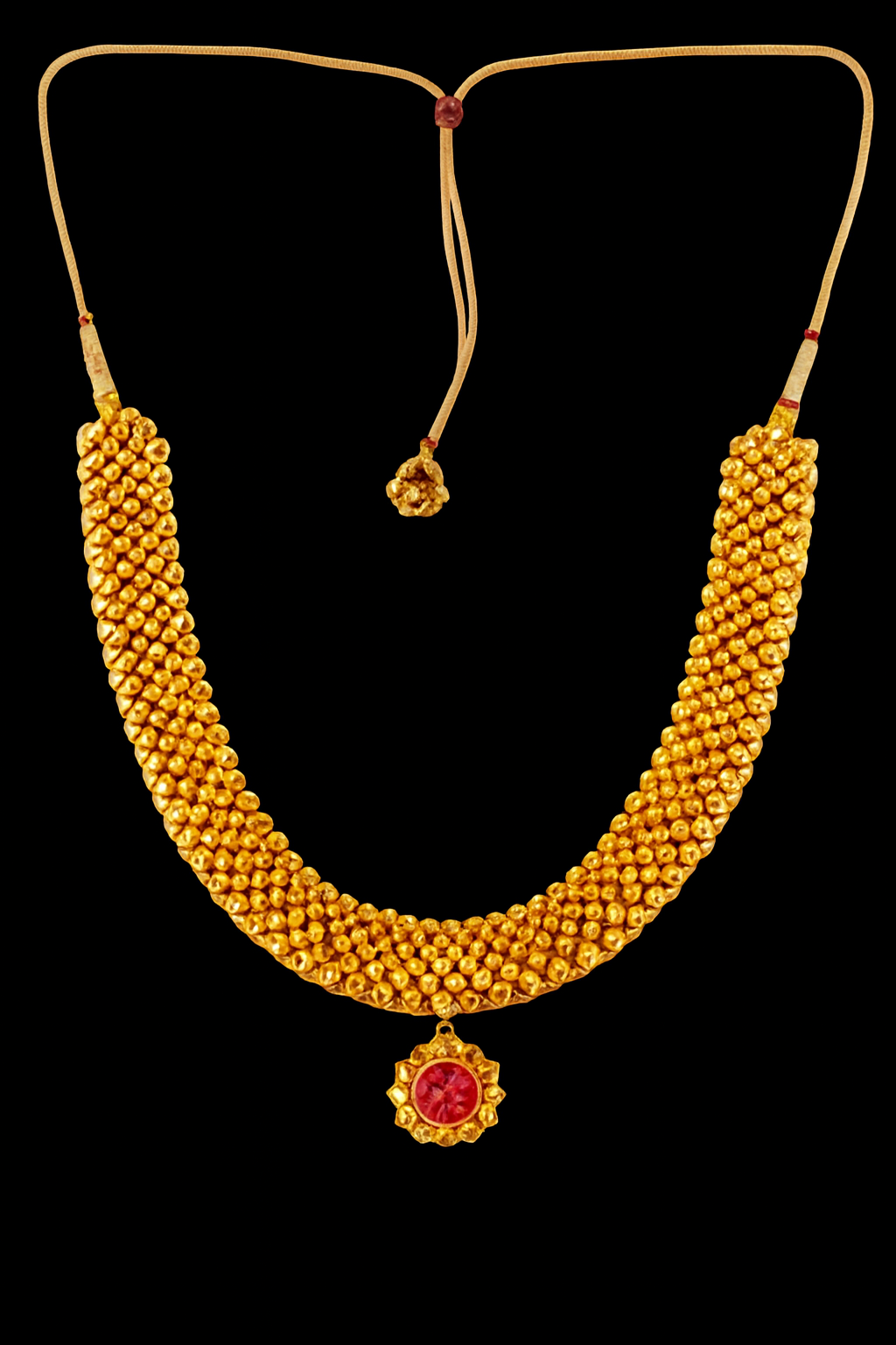 Traditional Gold Necklace – Red Gem Pendant with Dense Beadwork &