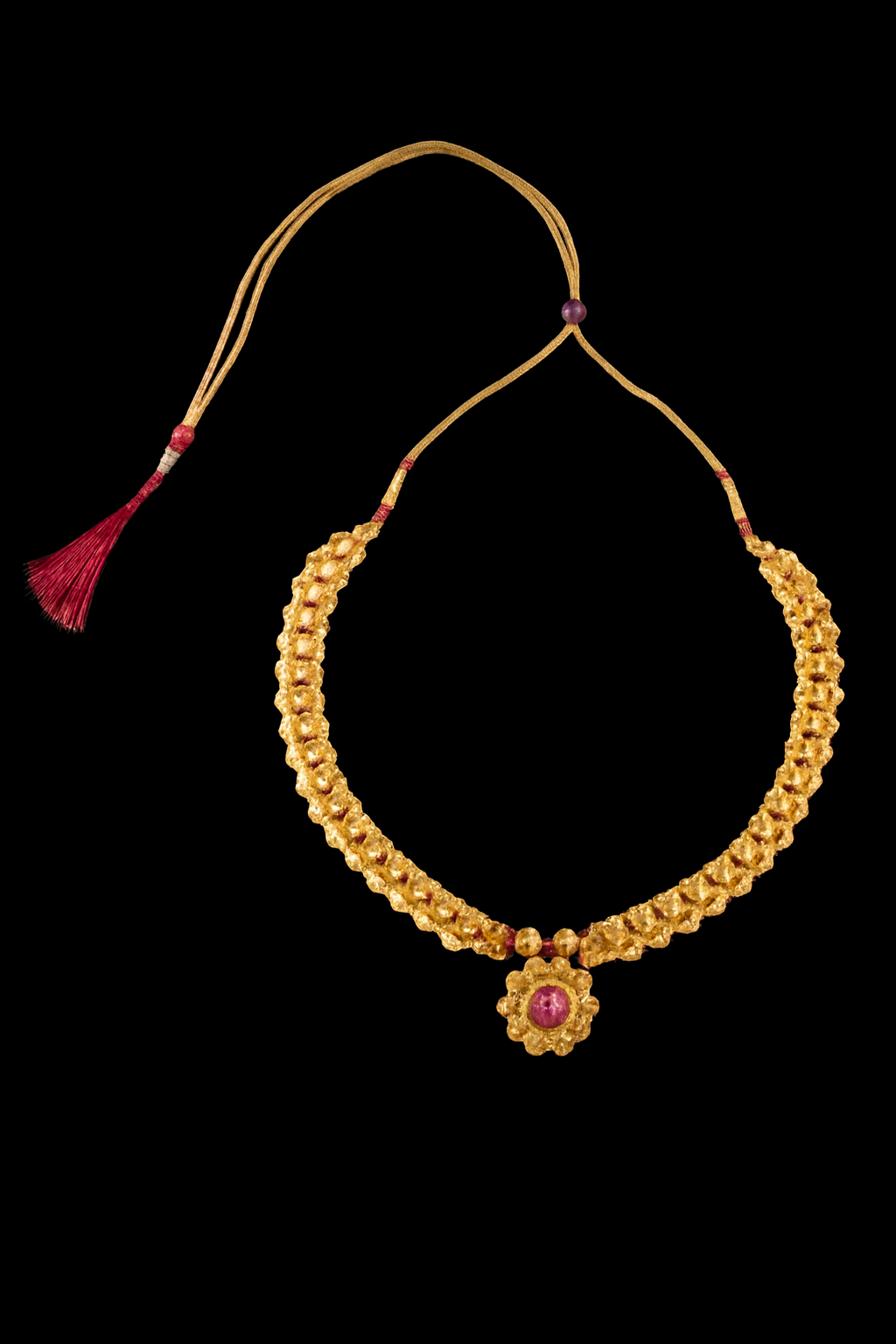 Traditional Gold Necklace – Floral Pendant with Pink Stone & Red