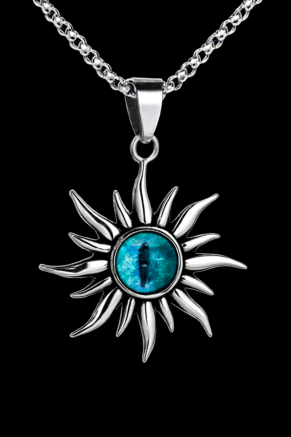 Silver Sun Pendant Necklace – Blue Eye Gem with Curved Rays